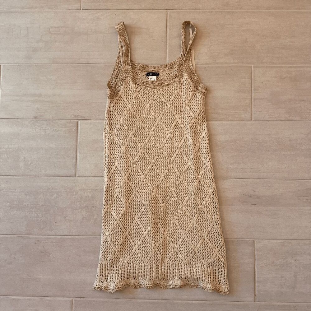 Venus Mini Dress Crochet Knit Sleeveless Metallic Trim Beige Lined Medium Beachy